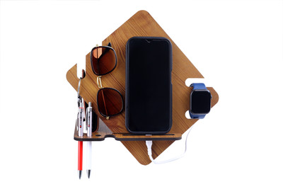 Expro 5 Compartments Wooden Wooden 5 In 1 3 Pen Holder, Moblie, SmartWatch,Spectacles Table Organizer(Brown)