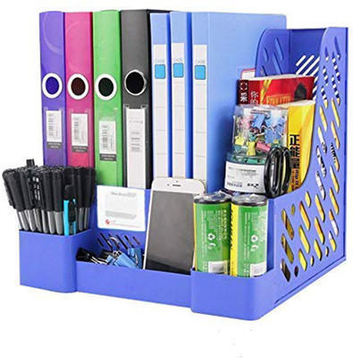 ELIE INDIA 4 Compartments Plastic File Rack with Pen Stand, File Holder Stand 4 Layer File Plate Desk A4 Paper(Blue)