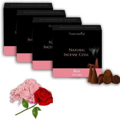 Puremazing Incense Cone | 160 Dhoop Cones | Long Lasting Fragrance | Cone for Pooja | Rose Dhoop(Pack of 4)