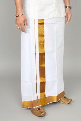 TUNI MANI White 2.0inch Gold Zari Border,Single Solid Men Dhoti