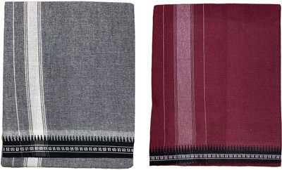 Prakasam Cotton Premium quality Mens Kerala Style Thalapathi Border Single (1.28X2.00 mtrs) -Dhoti-kerala Single mundu (Pack of 2 dhoties)-Ash:Cherry Solid Men Dhoti