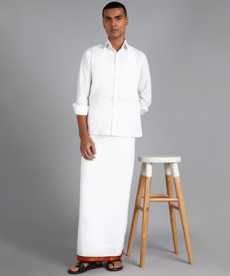 Shyam handloom Premium quality Men's White Golden Jari cotton Dhoti(size-125 cm w 216cm L) Embroidered, Striped, Solid Men Dhoti