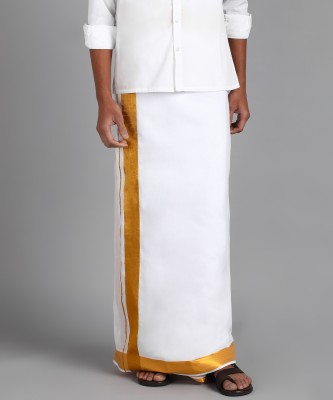 AKESHAVAM Premium quality Men's White Fancy Golden Jari cotton Dhoti(size-125cm w 226cm L) Embroidered, Striped, Solid Men Dhoti