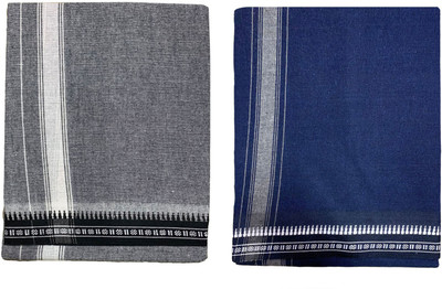 Prakasam Cotton Premium quality Mens Kerala Style Thalapathi Border Single (1.28X2.00 mtrs) -Dhoti-kerala Single mundu (Pack of 2 dhoties)-Ash:Navy Solid Men Dhoti