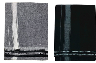 Prakasam Cotton Premium quality Mens Kerala Style Thalapathi Border Single (1.28X2.00 mtrs) -Dhoti-kerala Single mundu (Pack of 2 dhoties)- Black:Ash Men Dhoti