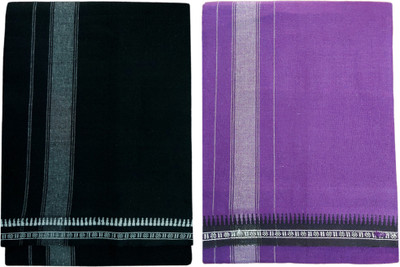 Prakasam Cotton Premium quality Mens Kerala Style Thalapathi Border Single (1.28X2.00 mtrs) -Dhoti-kerala Single mundu (Pack of 2 dhoties)- Black:Violet Men Dhoti