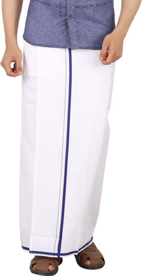 Prakasam Cotton Premium Quality Readymade Pocket -White Cotton With Navy Border Solid Men Dhoti