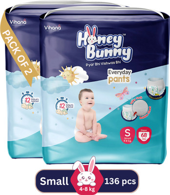 Honey Bunny Baby Diaper Pants with bubble top sheet| Extra Soft | 12 Hour protection - S(136 Pieces)