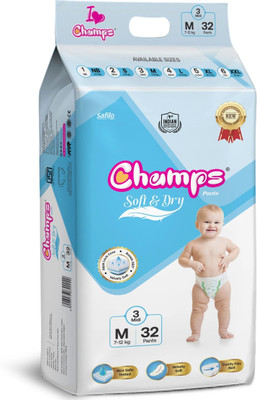Champs Soft & Dry Diaper Pants |Pull‑up diapers|Up to 12‑Hour Leak‑Proof|Unisex Diaper - M(32 Pieces)