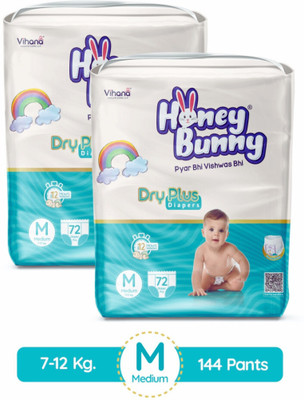HONEY BUNNY Baby Diaper Pants Super Soft Dry Plus 12 Hour protection with wet indicator- M - M(144 Pieces)