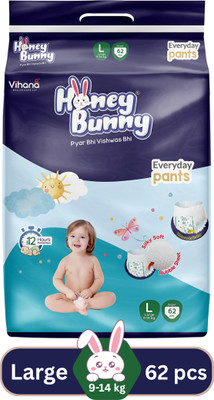 Honey Bunny Baby Diaper Pants with bubble top sheet| Extra Soft | 12 Hour protection - L(62 Pieces)