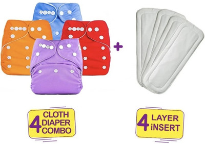 kogar All New Solid Daily Use Reusable Washable Cloth Diaper/Nappy With White Soft Insert For Baby New Born To Year ( 4 diaper +4 Insert ) N1