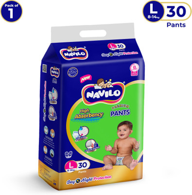 Navilo Premium Baby Diaper Pants, 3X Leak Protection, Criss Cross Layer, 8-14kg - L(30 Pieces)