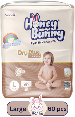 HONEY BUNNY Baby Diaper Pants Super Soft Dry Plus 12 Hour protection - L - L(60 Pieces)