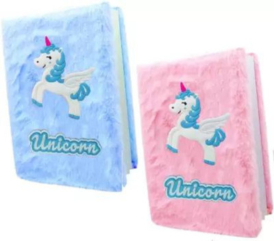 RHINETOYS Unicorn furr Diary gift set for kids A5 Diary Ruled 200 Pages(Pink and Blue, Pack of 2)