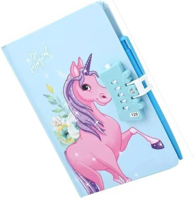 RHINETOYS Unicorn Password Lock Diary with Multicolor Furr Pen A5 Diary Ruled 50 Pages(Blue)