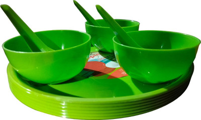 x pods Pack of 18 Plastic 6 spoons, 6 bowls ,6 plates high quality plastic material combo set Dinner Set(Green, Microwave Safe)