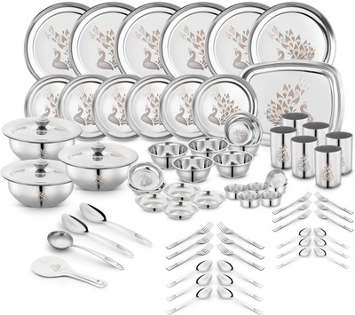 Classic Essentials Pack of 71 Stainless Steel Dinner Set|Serves 6 People|Heavy Gauge|Kitchen Set|Permanent Laser-Peacock Dinner Set(Silver)