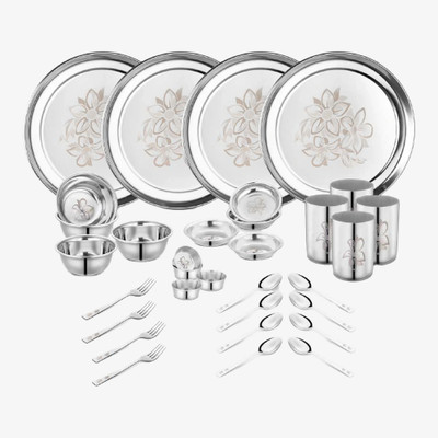 Classic Essentials Pack of 32 Stainless Steel Dinner Set|Serves 4 People|Heavy Gauge|Kitchen Set|Permanent Laser-Glory Dinner Set(Silver)