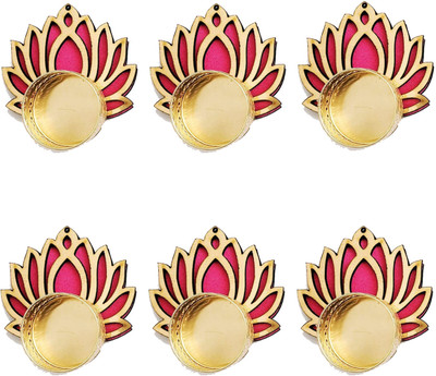Ulmuk Lotus Flower Diya Stand For Diwali Decorations , Home , Puja Wood Table Diya Brass, Wood (Pack of 6) Table Diya(Height: 1 inch)