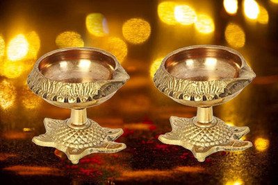 Effigy Onlinehub Brass Kuber Diya with Turtle Base pack of 2 Brass (Pack of 2) Table Diya Set(Height: 2.5 inch)