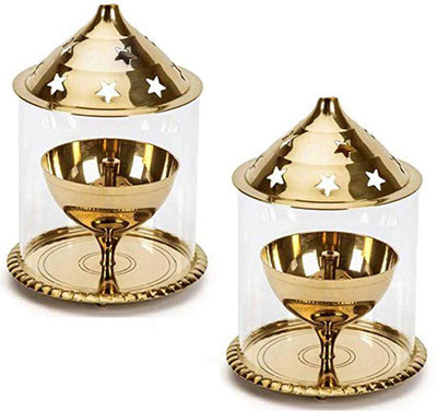 Vedas Corp Traditional Brass Akhand Diya/ Table Deepak / Oil Lamp Brass, Borosilicate Glass (Pack of 2) Table Diya Set(Height: 4.8 inch)