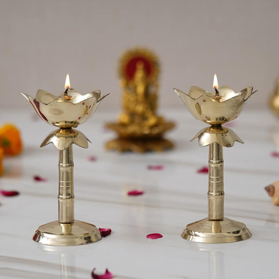 T-KA108 2 Pcs Brass Diwali Deepak On Stand Diya ,Table Diya Decorative Showpiece Brass (Pack of 2) Table Diya Set(Height: 3.74 inch)
