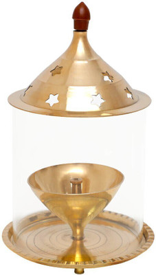 T-KA108 Akhand Jyot Aaradhya with Borosilicate Glass - Large Brass Table Diya(Height: 9.8 inch)