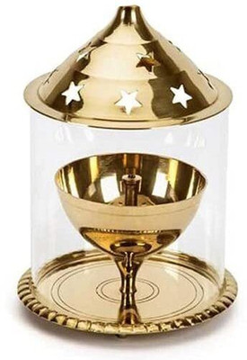 sanskaari Glass Cover/Akhand Diya/Brass Diya for puja/Diwali Diya Brass Table Diya(Height: 5 inch)