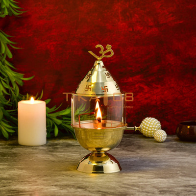 T-KA108 Akhand Jyoti, adjustable wick, long-lasting Deepam for all-day burning. Brass Table Diya Set(Height: 8 inch)