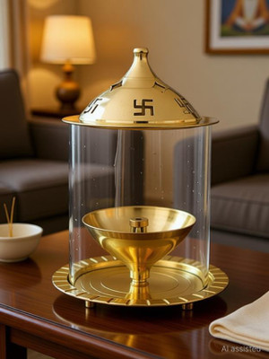 ROYALTRADERS Brass Akhand Jyot Table Diya Brass, Glass Table Diya(Height: 4.5 inch)