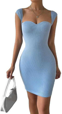 Theasvolks Women Bodycon Blue Above Knee/Mid Thigh Length Dress