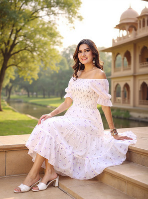 Attire Empire Women Fit and Flare Purple, White Maxi/Full Length Dress