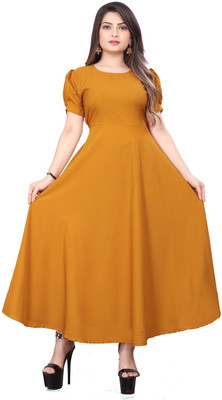 QUEUEE CREATION Women Fit and Flare Yellow Maxi/Full Length Dress
