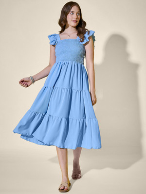 BuyNewTrend Women Ruffled Orange Below Knee Dress