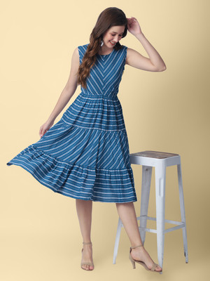 Daevish Women Fit and Flare Dark Blue, Grey, White Knee Length Dress