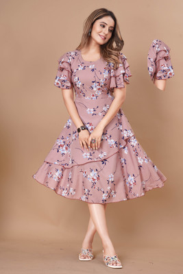 VM STUDIO Women Fit and Flare Purple Midi/Calf Length Dress