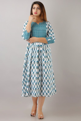 SVARCHI Women Ethnic Dress White, Blue Ankle Length Dress