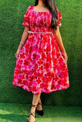 BuyUniqueFashion Women Fit and Flare Pink Below Knee Dress