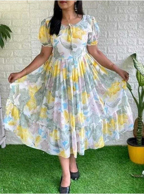 LABELHARPREET Women Maxi Multicolor Midi/Calf Length Dress
