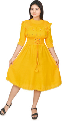 SClassicFashion Women Empire Waist Yellow Knee Length Dress