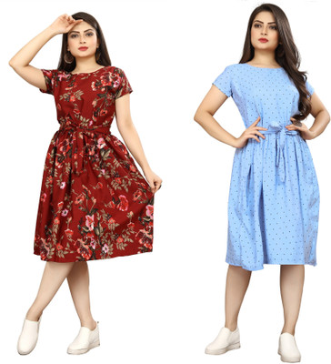 FashhionWorld Women A-line Blue, Maroon Knee Length Dress
