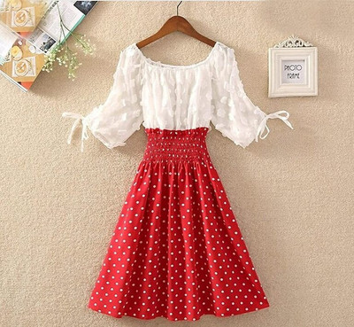 SILKSTITCH Women Fit and Flare Red, White Knee Length Dress