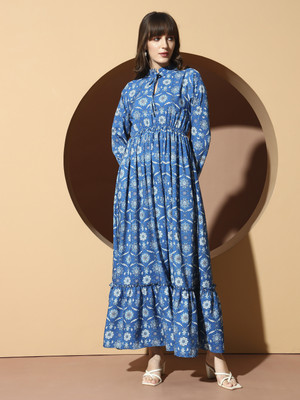 OTABU Women A-line Blue Maxi/Full Length Dress