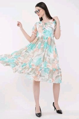 Ann Springs Women Fit and Flare Light Blue, White Midi/Calf Length Dress