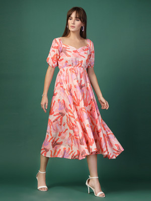 Dressberry Women Fit and Flare Orange Below Knee Dress