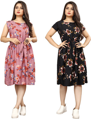 fashionwrld Women Fit and Flare Multicolor Knee Length Dress