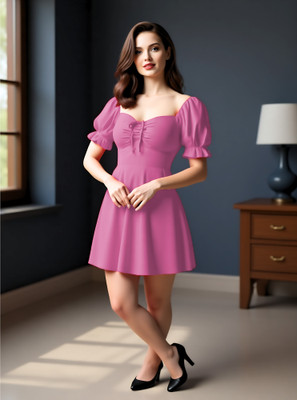 tthe dreams Women Fit and Flare Pink Above Knee/Mid Thigh Length Dress