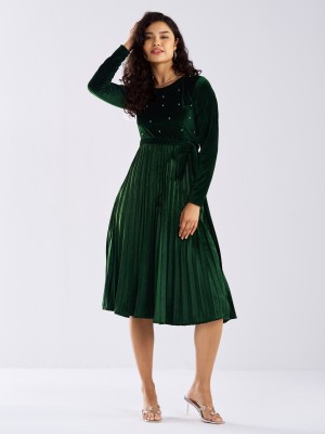 AASK Women Fit and Flare Dark Green Dress