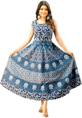 ANUNJA Women Fit and Flare Dark Blue Maxi/Full Length Dress